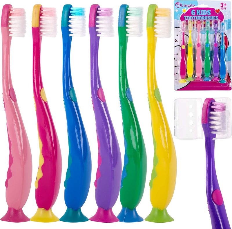 Lingito Kids Toothbrush Suction Cup with Covers, Toddler Toothbrush Soft Bristles, Child Toothbrush Suction Cups For Easy Access, Toddler Toothbrushes Handles Perfect For Tiny Hands of Boys and Girls (6 Pack) - Image 1